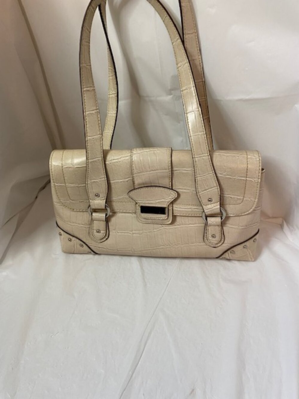 Liz & Co. Cream Croc-Embossed Baguette Shoulder Bag Studded Accent Purse
